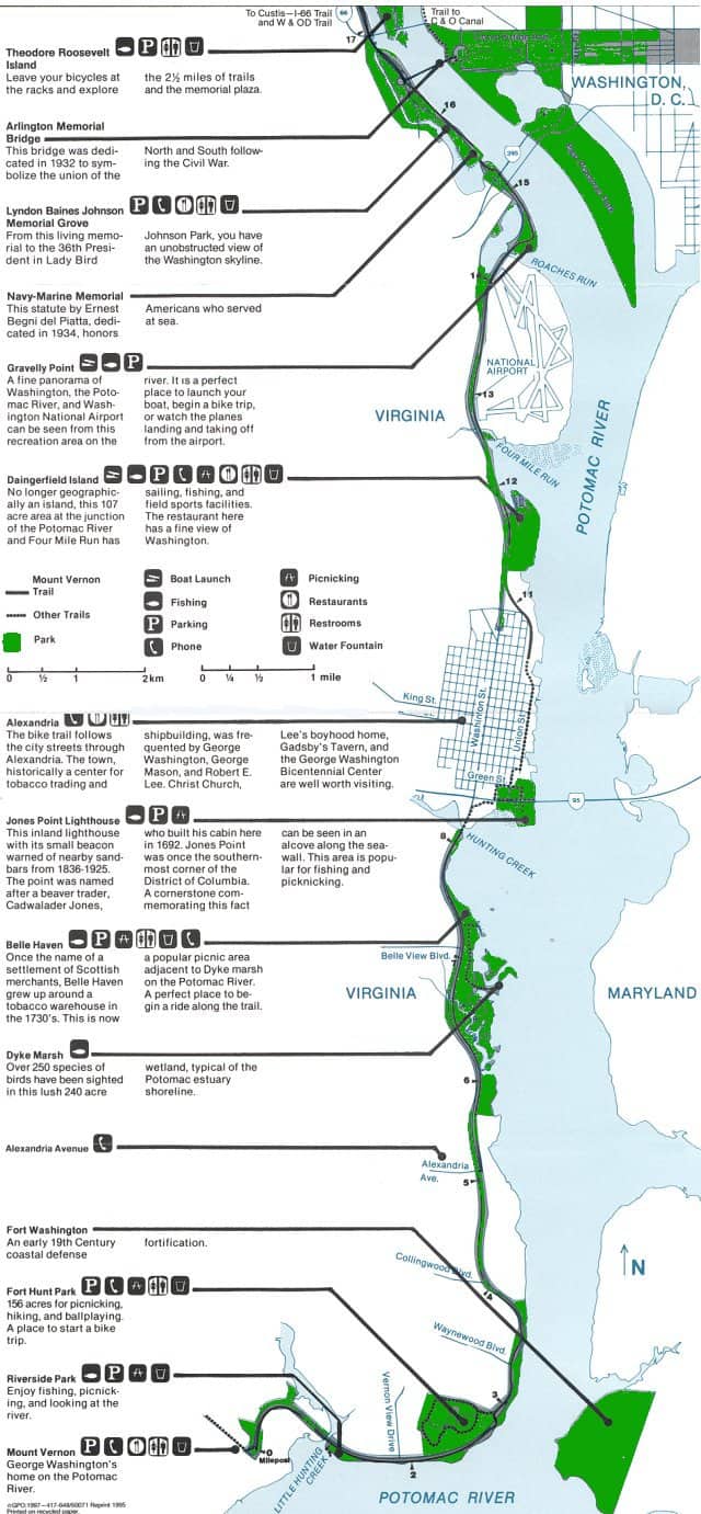Paved Potomac riverfront multi-use trail in the Northern Virginia and DC river corridor